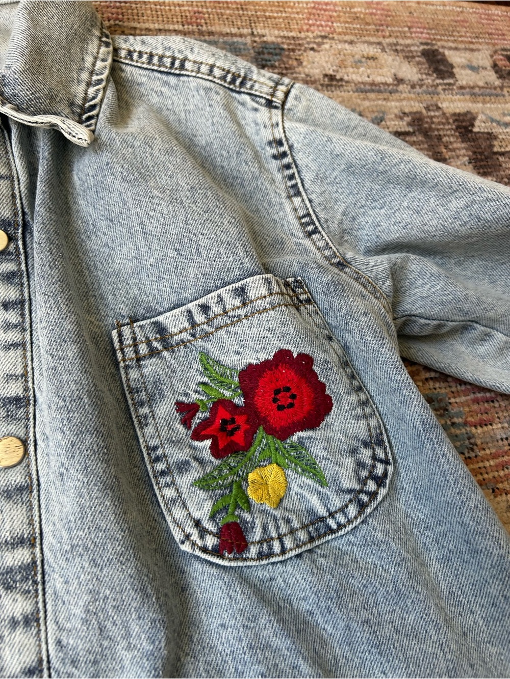 Denim Women's Embroidered Jacket - Light Blue with Colorful Pockets - Picture 4 of 9